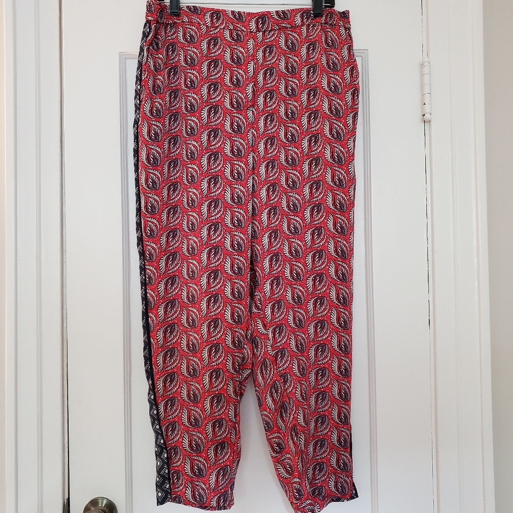 Anthropologie Printed pull on pants in red, white , blue print mix, size L